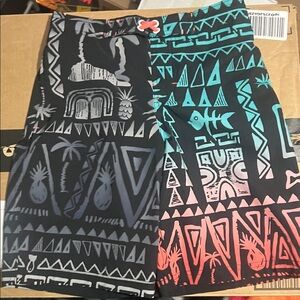 Wonder Nation Men's Tribal Print Swim Shorts - Black, Teal, and Coral